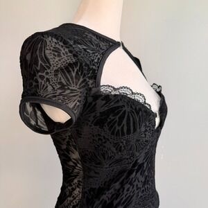 Black Velvet Burnout Babydoll Sheer Back Top Medium Lace Fairy Grunge